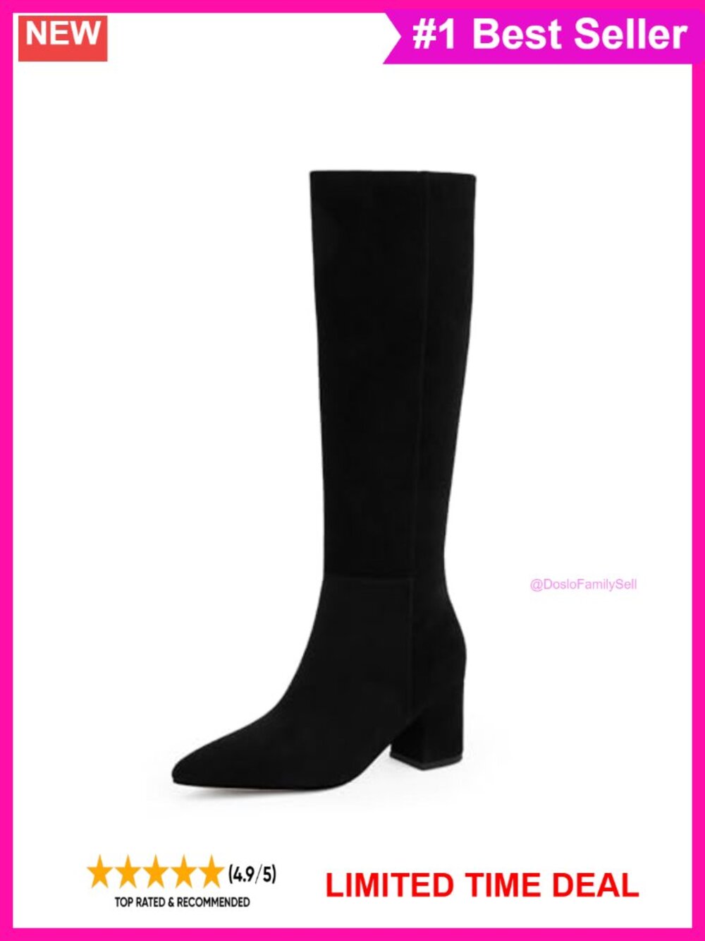 Womens Knee High Boots Chunky Low Heel Pointed Toe Tall Faux Suede